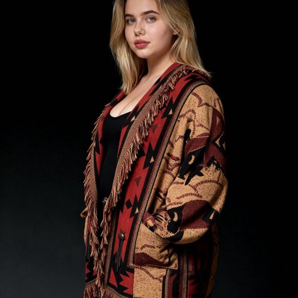 Vintage 90's Black Fringe Concho Jacket M/L - necklace and Rose Feather pin - Picture 2 of 10